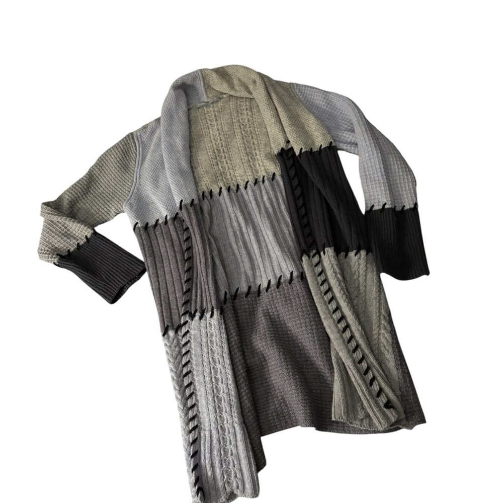 Hannah Rose Cream and Gray Cardigan Sweater with Patchwork Design